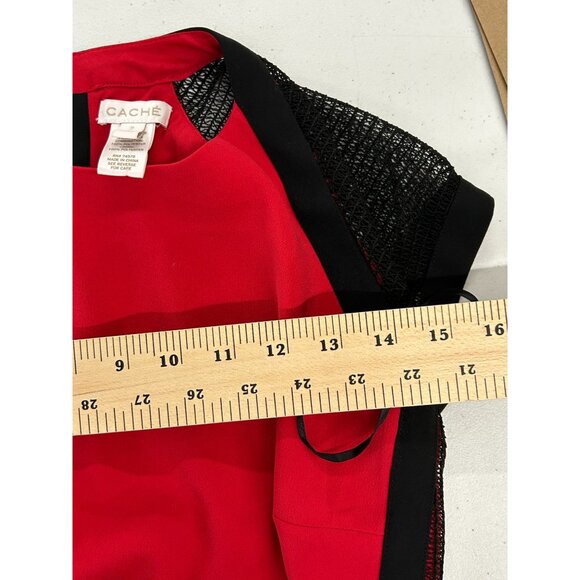Cache Womens Red/Black Mesh Cap Sleeve Bodycon Dress Size 2 Beautiful Work Dress - Picture 4 of 10